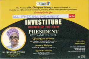 Read more about the article THE INVESTITURE OF PHCCIMA PRESIDENT, DR. CHINYERE NWOGA,FIMC, FIARSAC, FICA, M.IOD